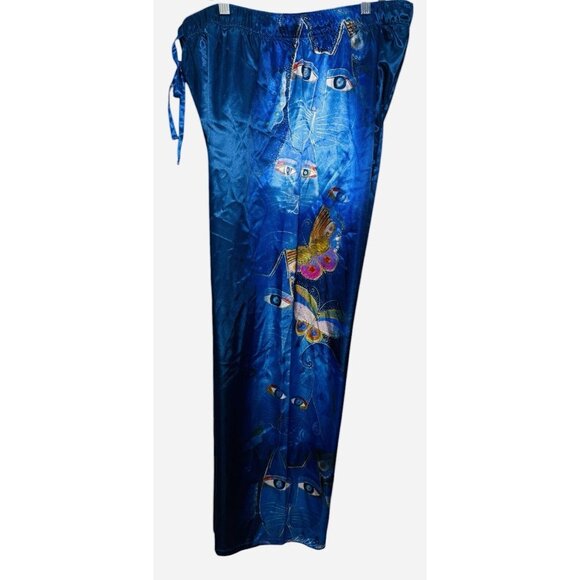 Laurel Burch Indigo Cats Pants Womens XL Satin Blue Lounge Pajama Folk Art PJs - Picture 3 of 8